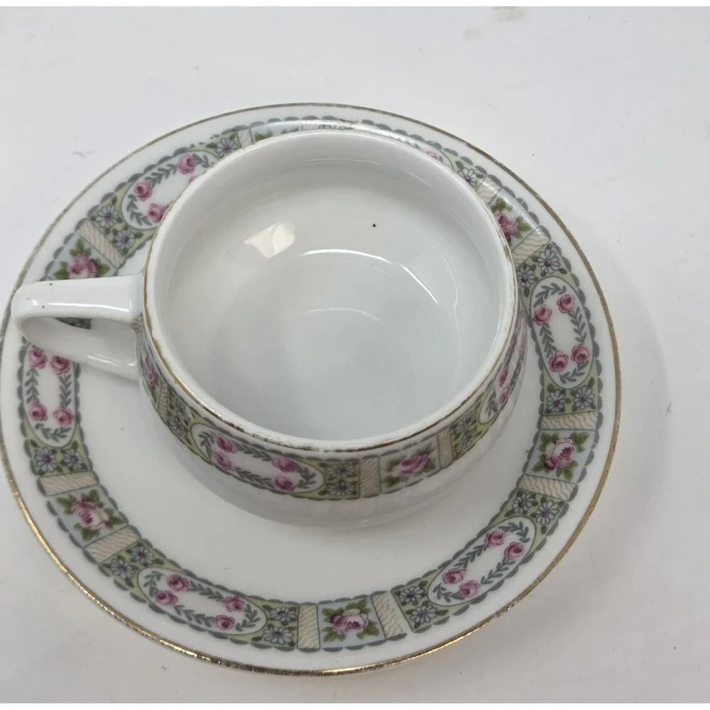KPM Germany Antique‎ Porcelain Tea Set Creamer Sugar 2 Cups Saucers Rose 1900s